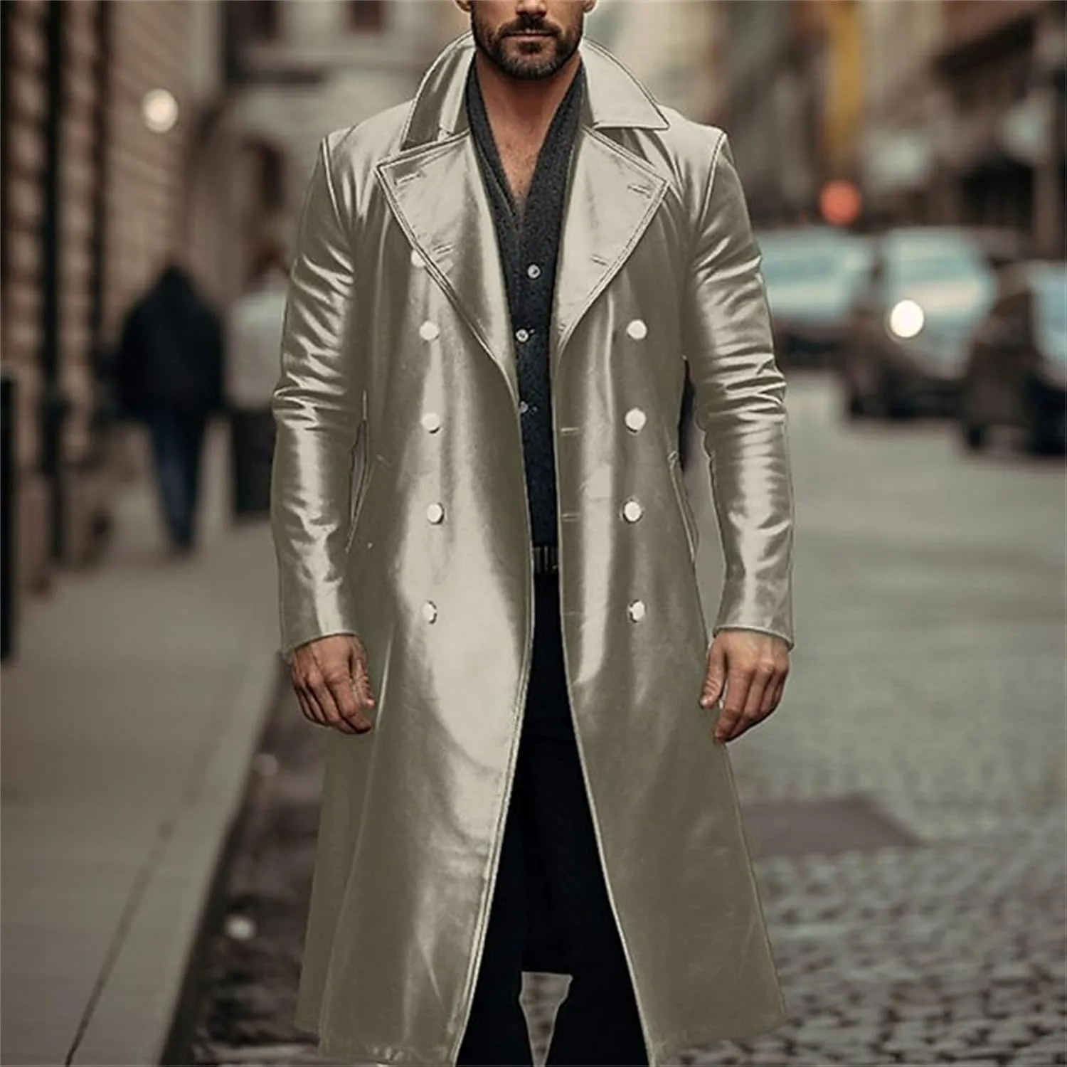 Mens Double Breasted Faux Leather Trench Coat Vintage Steampunk Overcoat German Windbreaker Long Winter Jackets