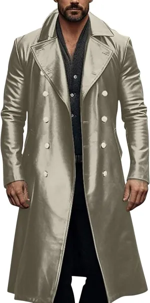 Mens Double Breasted Faux Leather Trench Coat Vintage Steampunk Overcoat German Windbreaker Long Winter Jackets