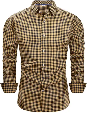 Men's Dress Shirt Long Sleeve Plaid Button Down Collared Shirts Slim Fit Office T-Shirt Business Casual Stretchy Fashion