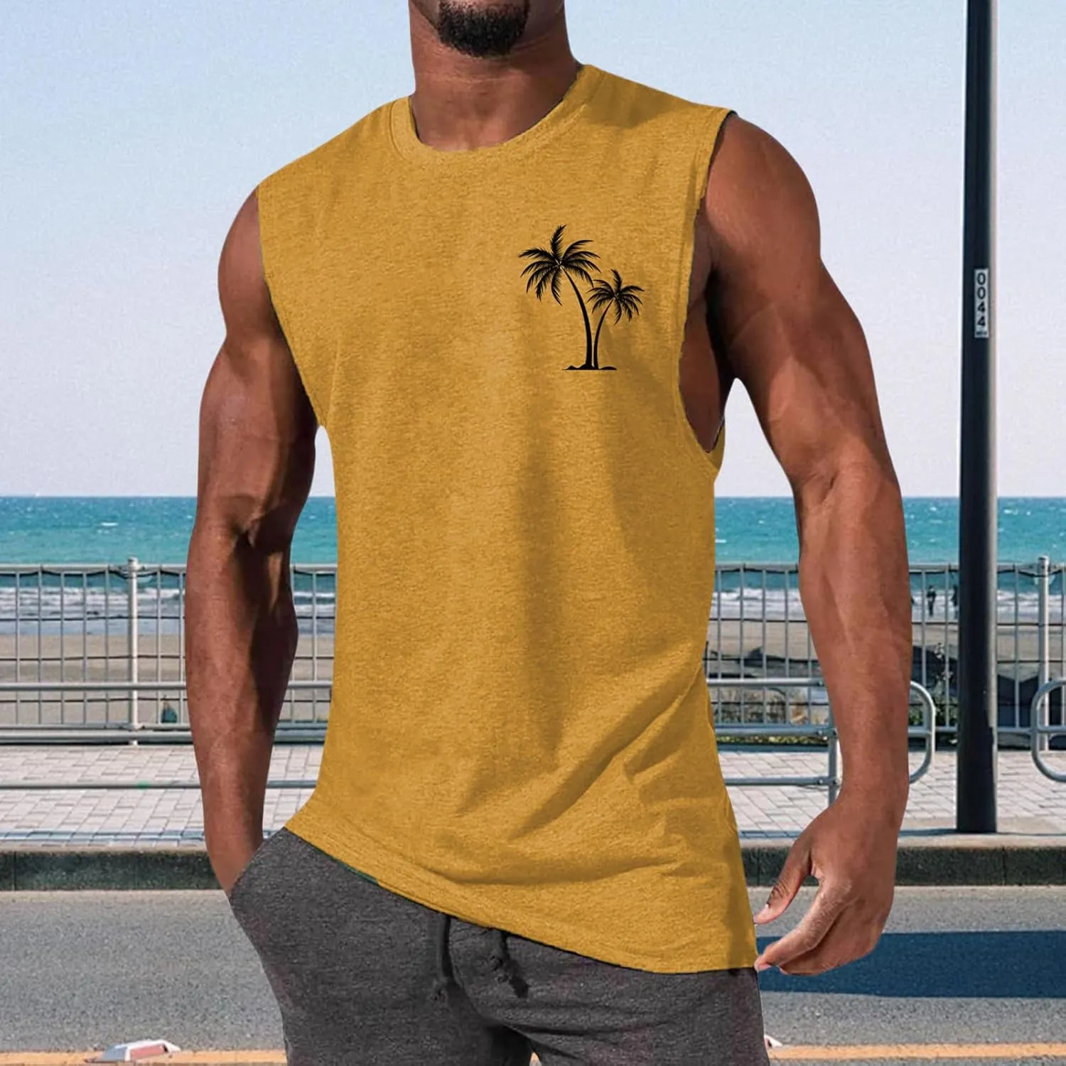 Mens Hawaiian Beach Tank Tops Summer Palm Tree Print Sleeveless Undershirts Loose Fit Muscle Fitness Vacation Tops