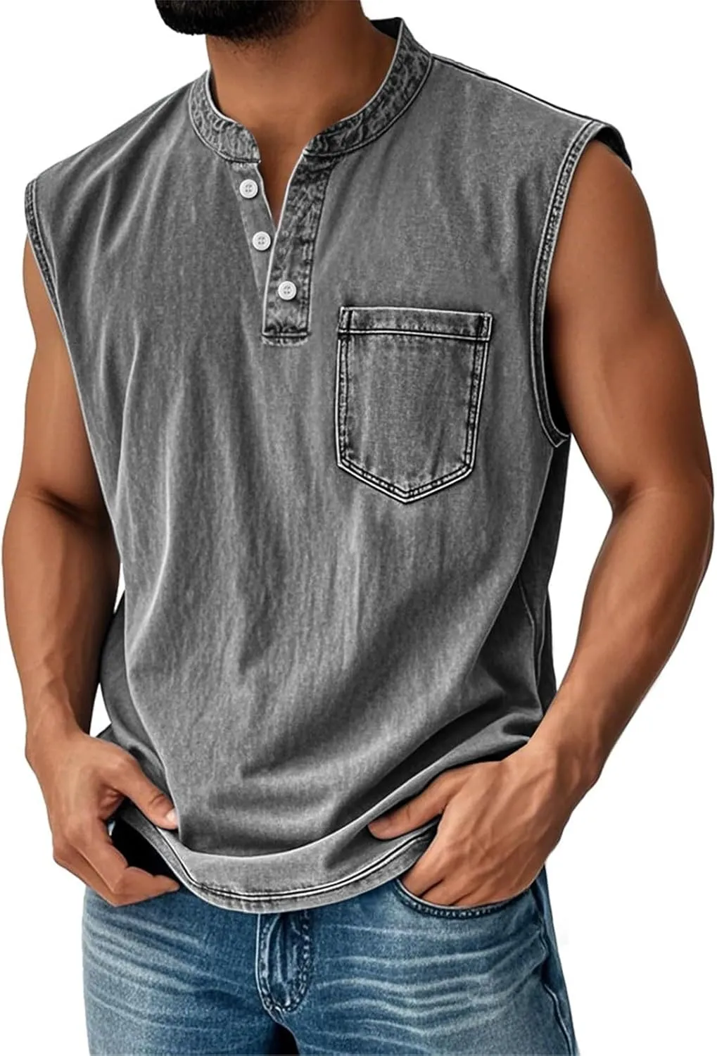 Men's Henley Shirts Washed Sleeveless Muscle Gym Workout Running Vintage Button Down Tank Tops with Chest Pocket