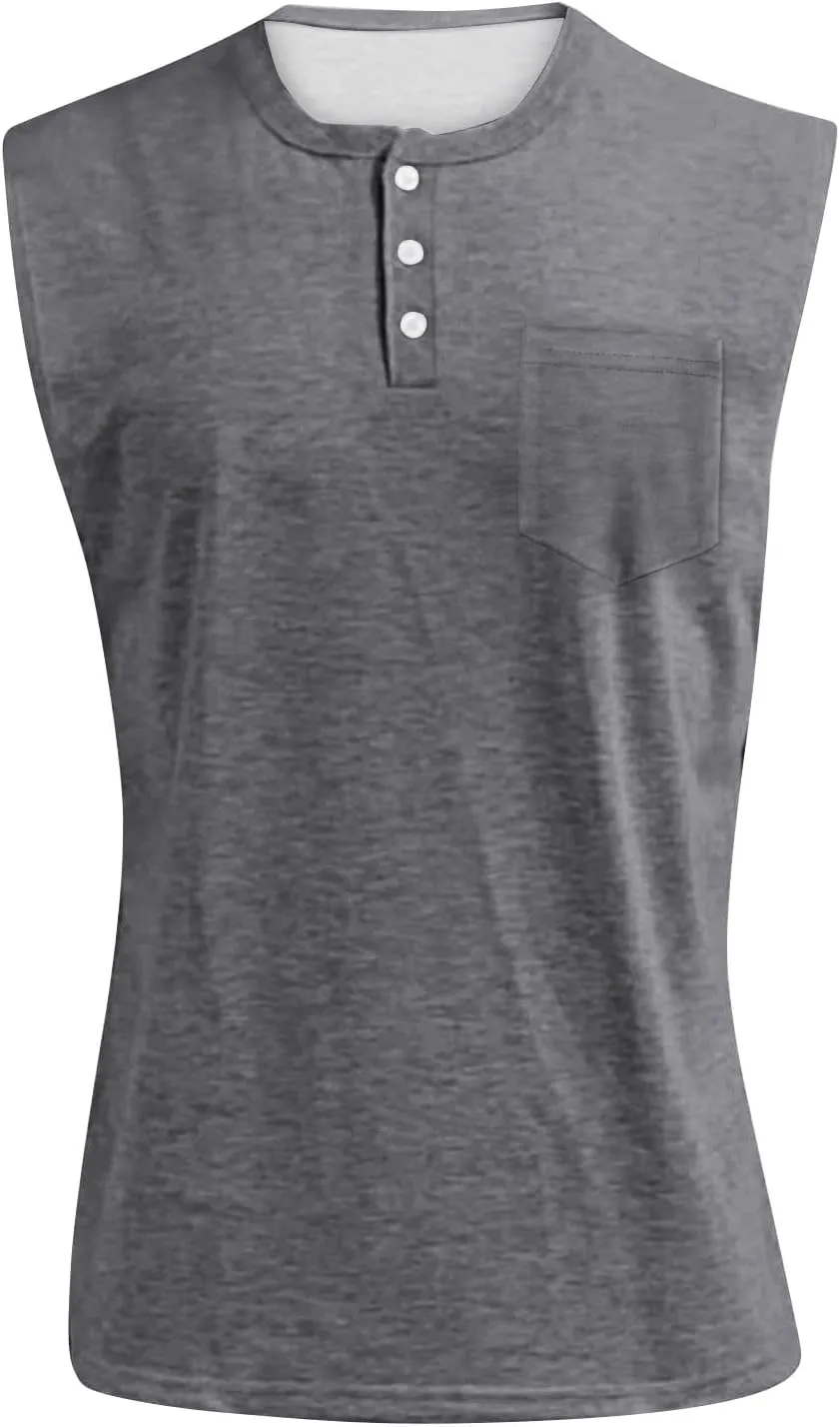 Men's Henley Shirts Washed Sleeveless Muscle Gym Workout Running Vintage Button Down Tank Tops with Chest Pocket