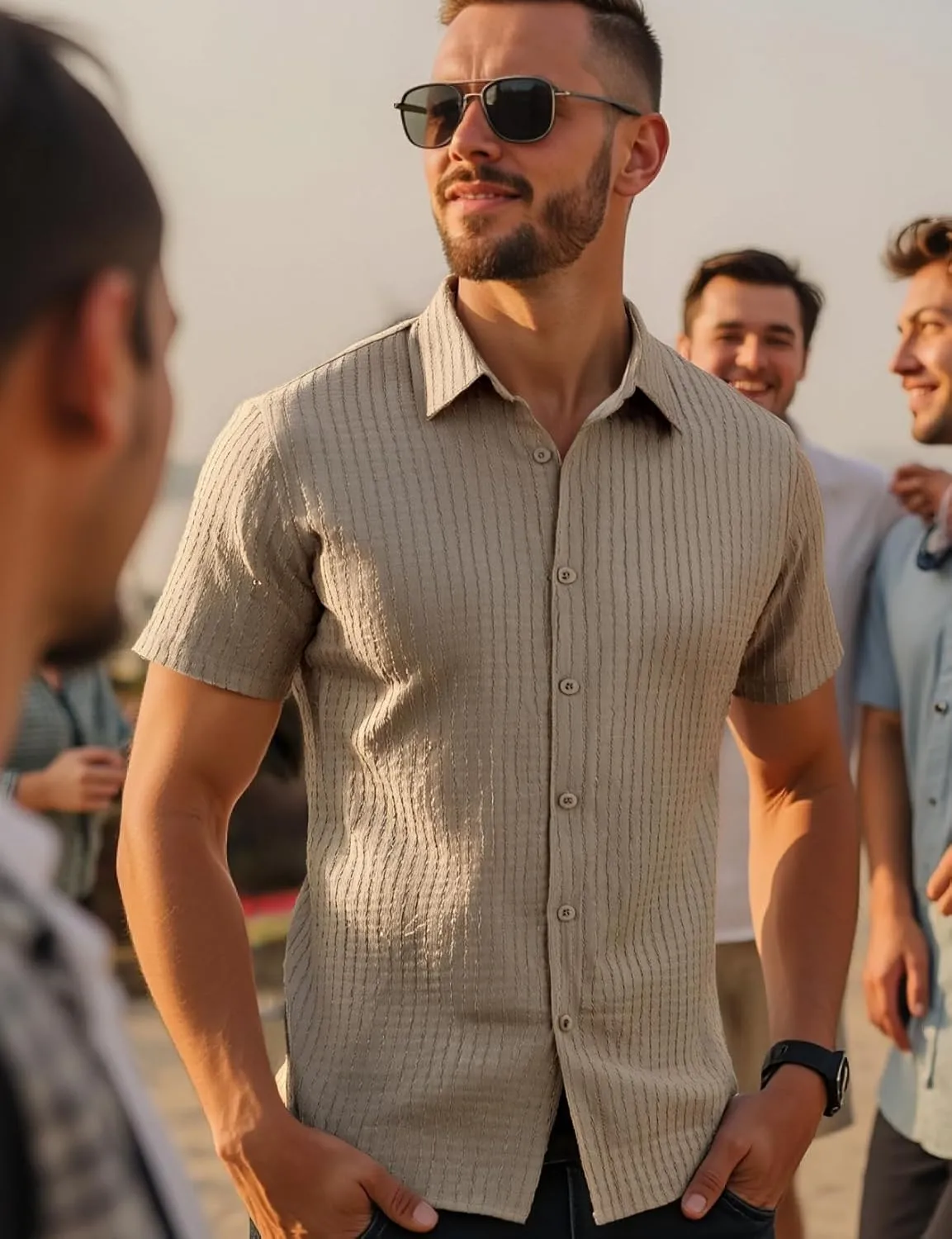 Men's Knit Shirt Summer Casual Short Sleeve Button Down Shirt for Beach Vacation
