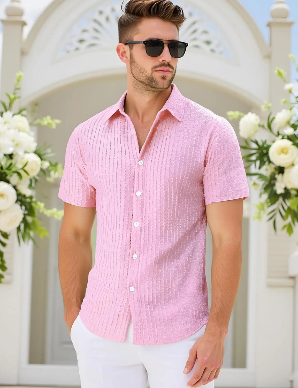 Men's Knit Shirt Summer Casual Short Sleeve Button Down Shirt for Beach Vacation