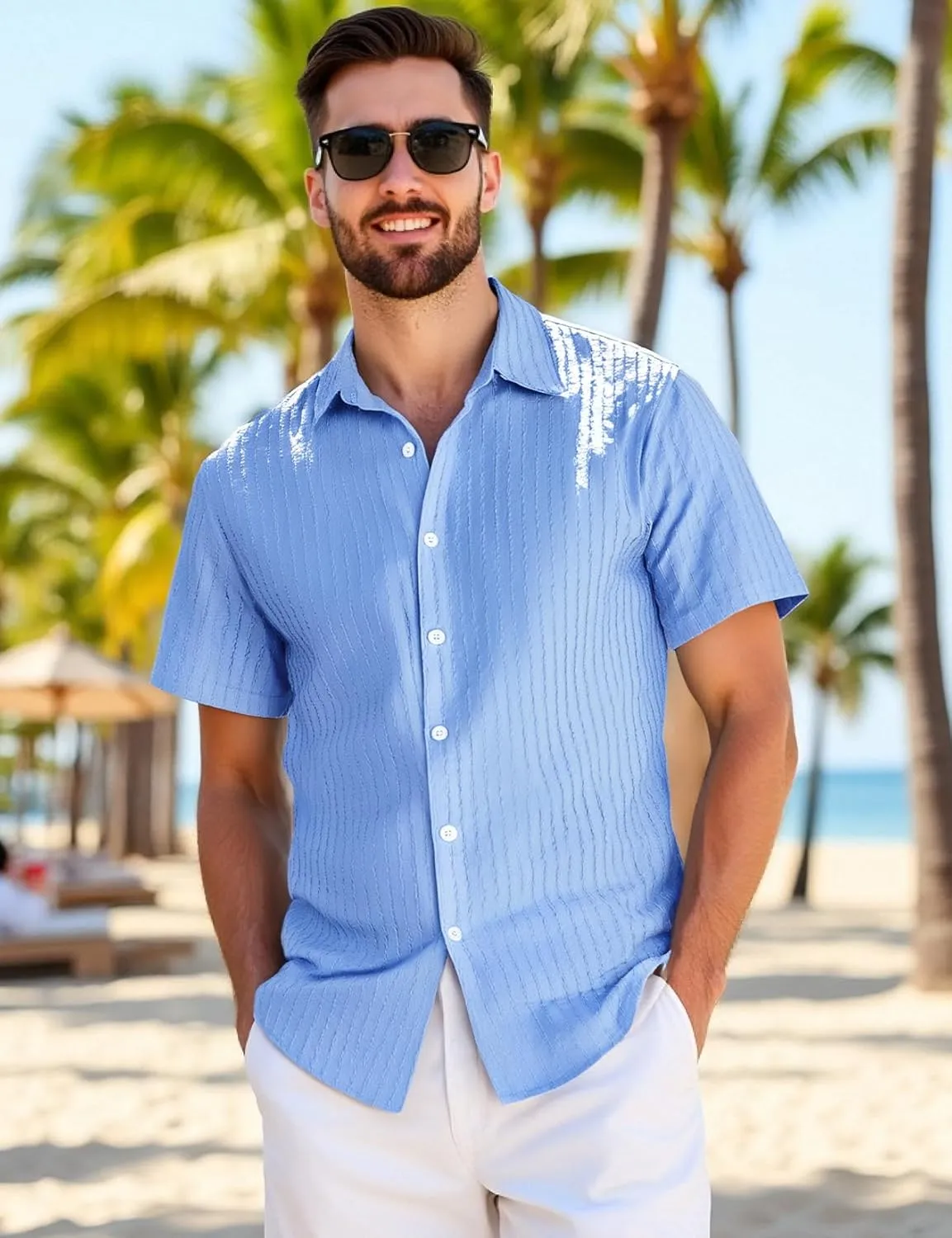 Men's Knit Shirt Summer Casual Short Sleeve Button Down Shirt for Beach Vacation