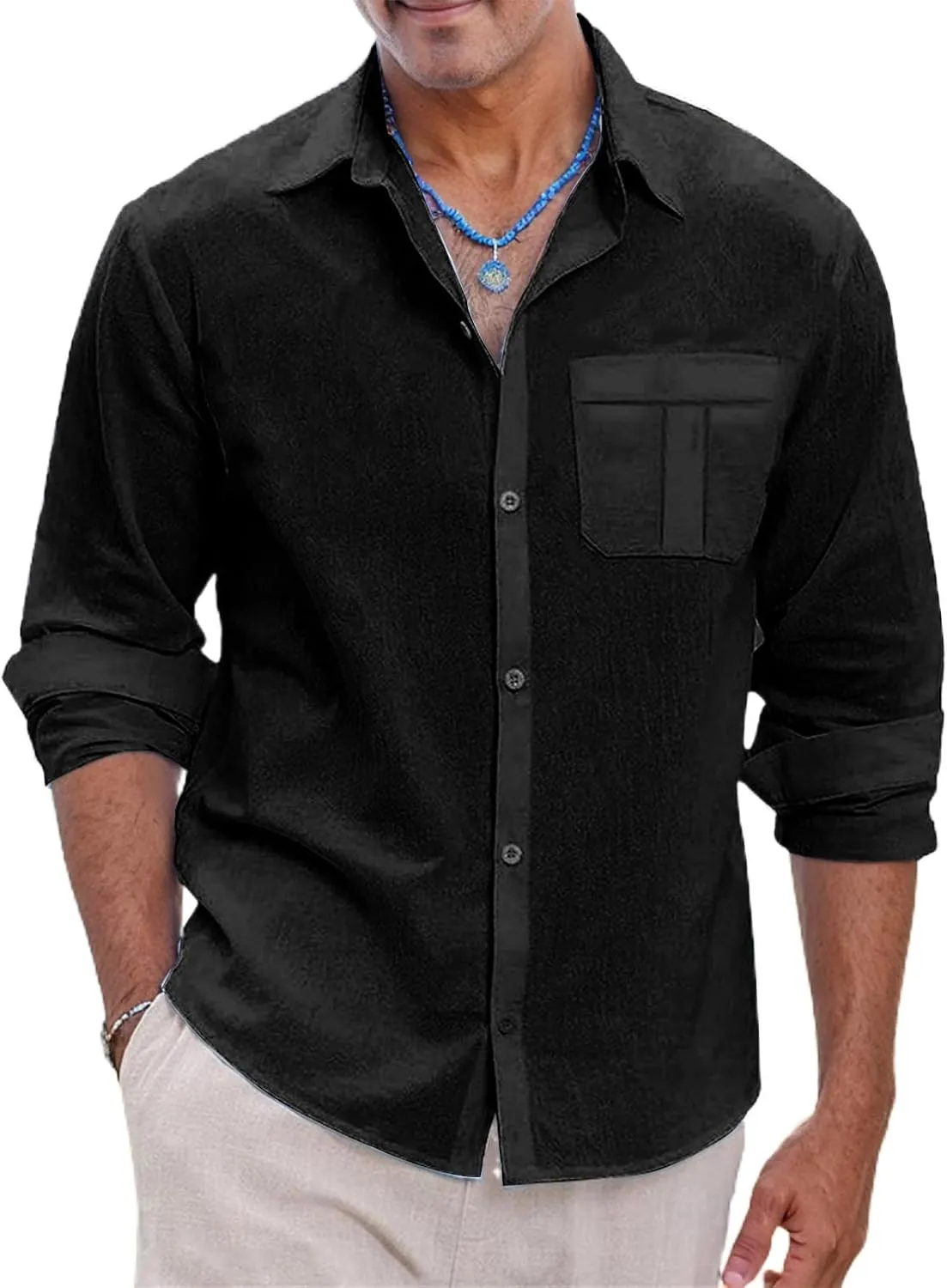 Mens Lightweight Button Down Shirt Casual Long Sleeve Untucked Dress Shirts Regular-Fit Spread Collar Linen Shirt
