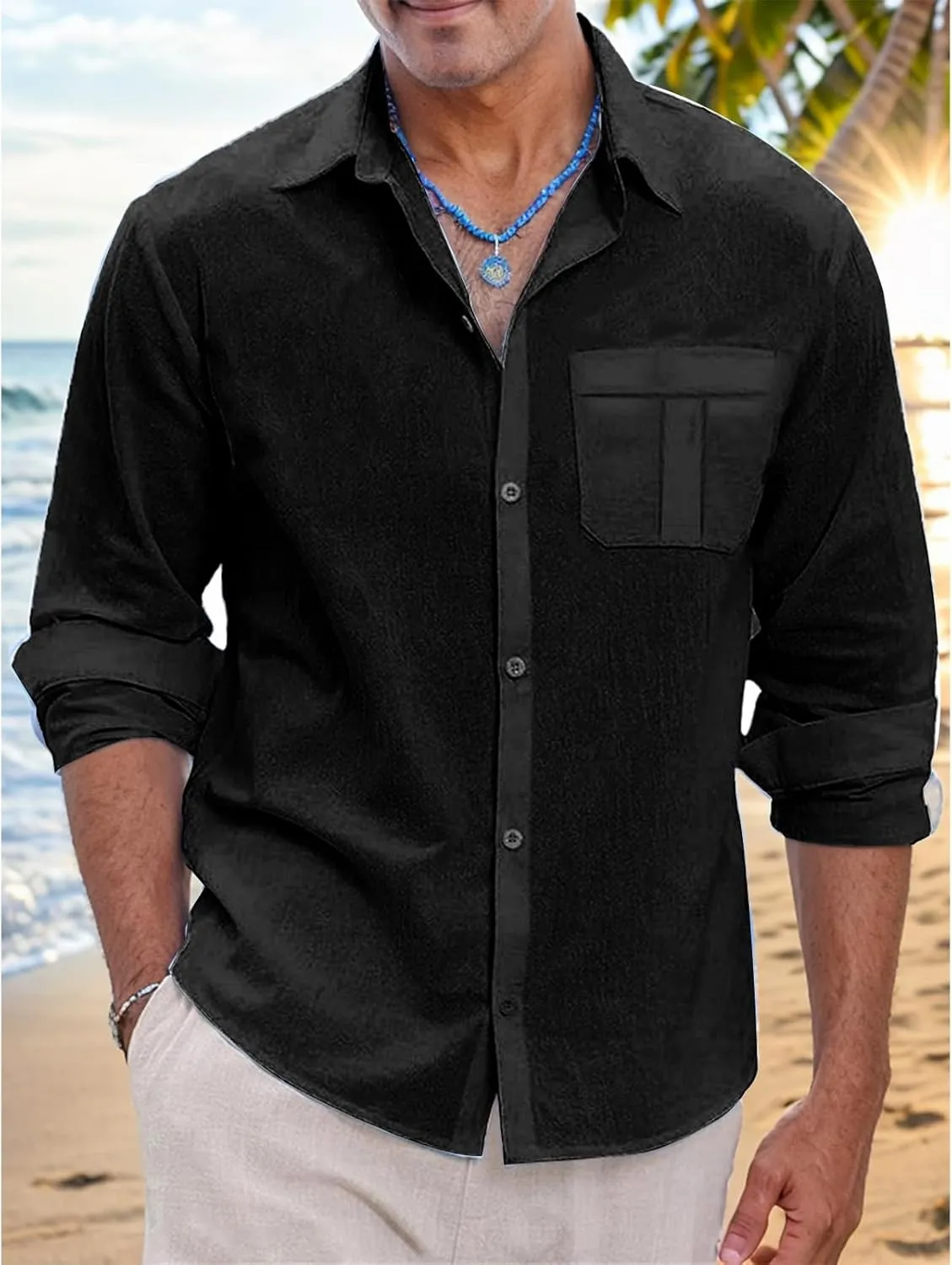 Mens Lightweight Button Down Shirt Casual Long Sleeve Untucked Dress Shirts Regular-Fit Spread Collar Linen Shirt