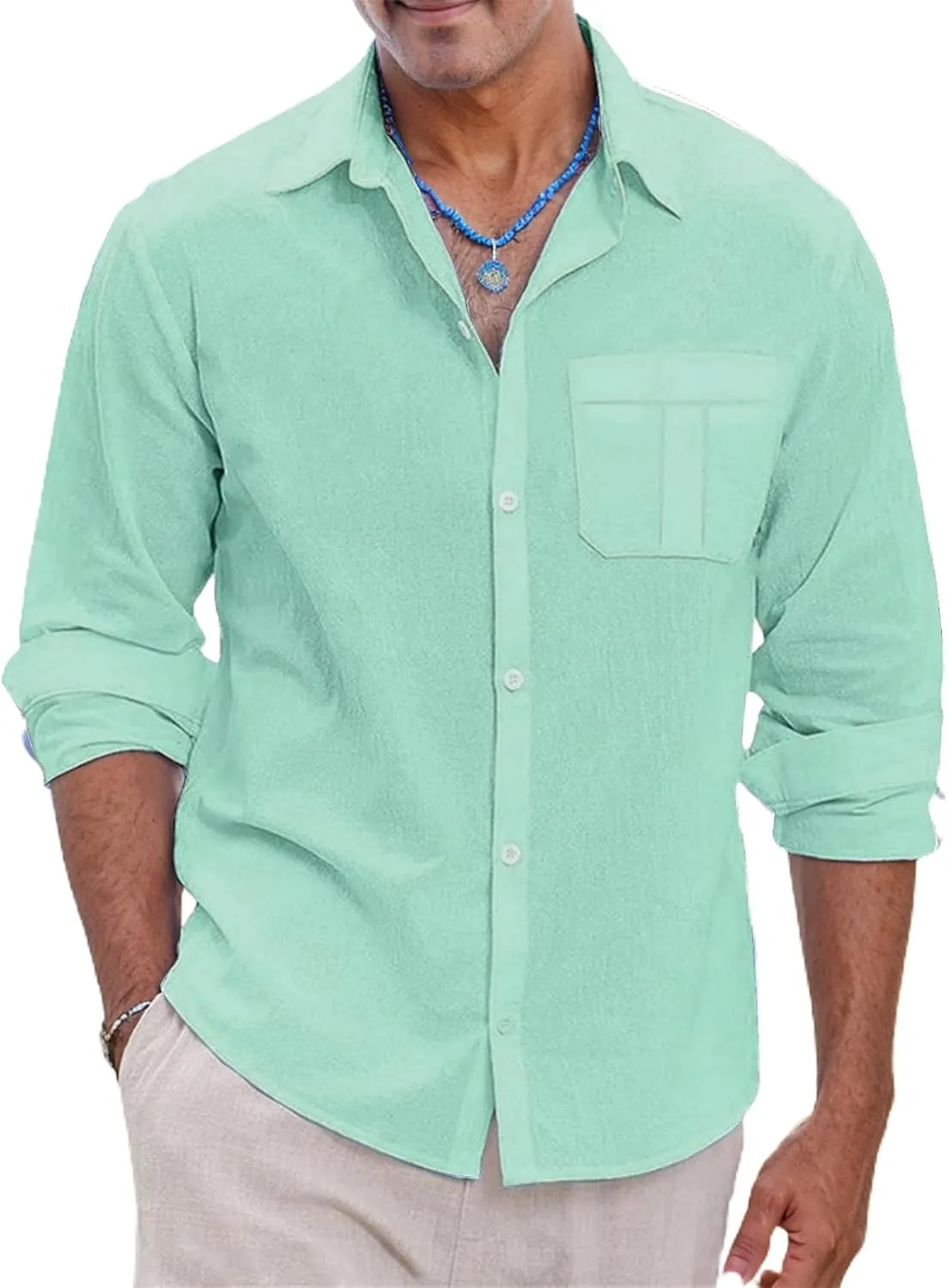 Mens Lightweight Button Down Shirt Casual Long Sleeve Untucked Dress Shirts Regular-Fit Spread Collar Linen Shirt