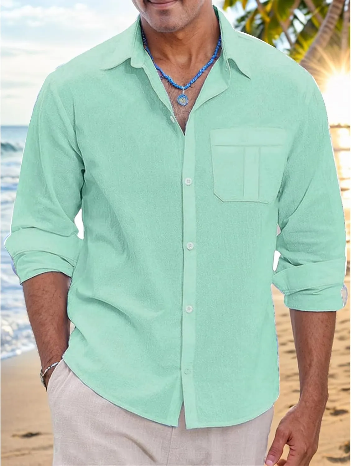Mens Lightweight Button Down Shirt Casual Long Sleeve Untucked Dress Shirts Regular-Fit Spread Collar Linen Shirt