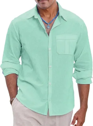 Mens Lightweight Button Down Shirt Casual Long Sleeve Untucked Dress Shirts Regular-Fit Spread Collar Linen Shirt