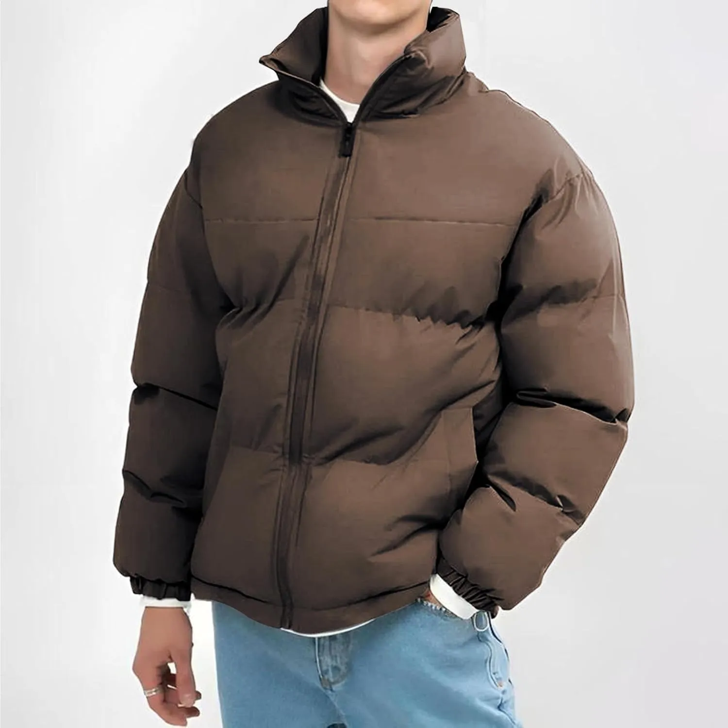 Men's Lightweight Puffer Jackets Fashion Casual Sports Collar Padded Coat Warm Solid Color Cotton-Padded Jacket