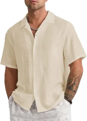 Mens Linen Button Down Shirts Short Sleeve Basic Cuban Regular Fit Wedding Summer Beach Tops