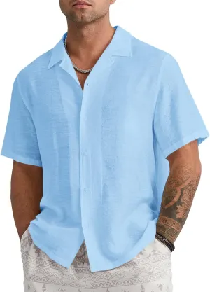 Mens Linen Button Down Shirts Short Sleeve Basic Cuban Regular Fit Wedding Summer Beach Tops