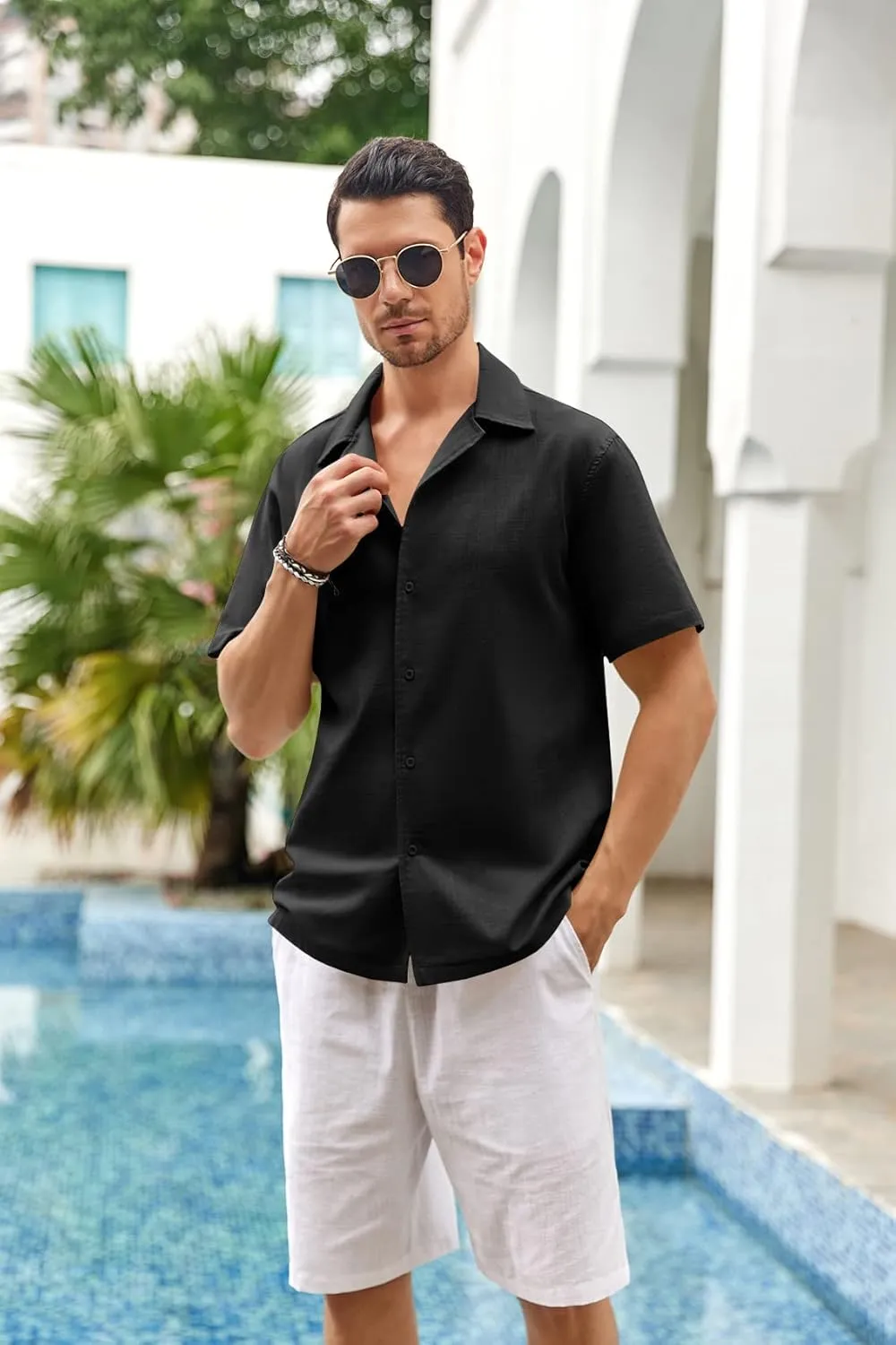 Mens Linen Button Down Shirts Short Sleeve Basic Cuban Regular Fit Wedding Summer Beach Tops