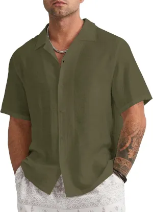 Mens Linen Button Down Shirts Short Sleeve Basic Cuban Regular Fit Wedding Summer Beach Tops