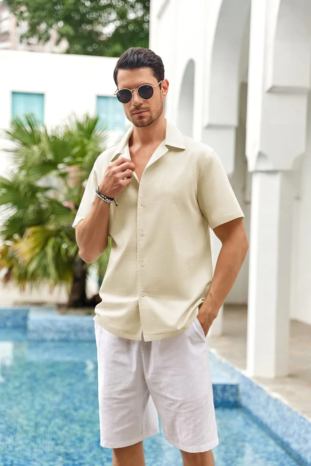 Mens Linen Button Down Shirts Short Sleeve Basic Cuban Regular Fit Wedding Summer Beach Tops