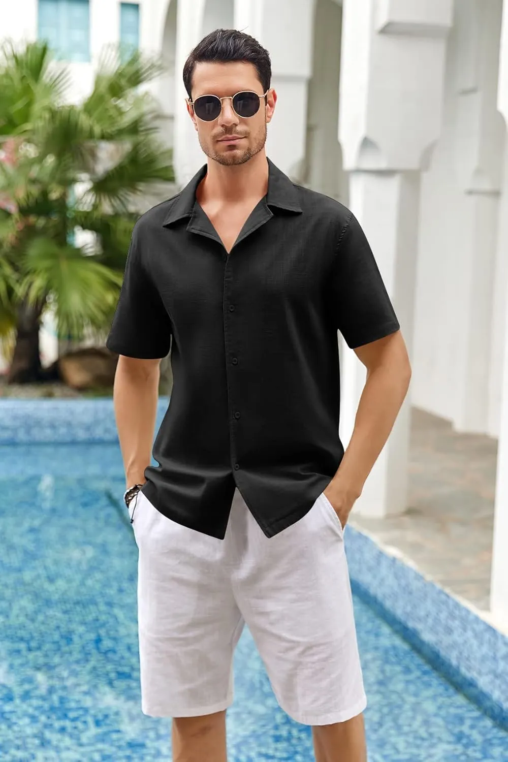 Mens Linen Button Down Shirts Short Sleeve Basic Cuban Regular Fit Wedding Summer Beach Tops