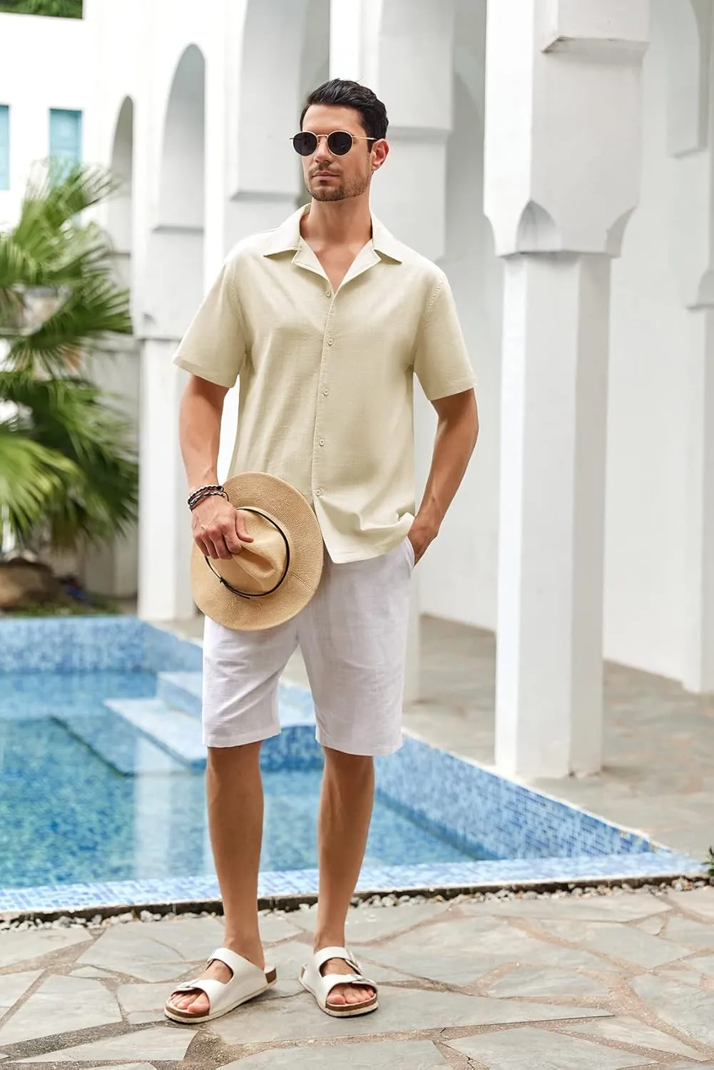 Mens Linen Button Down Shirts Short Sleeve Basic Cuban Regular Fit Wedding Summer Beach Tops