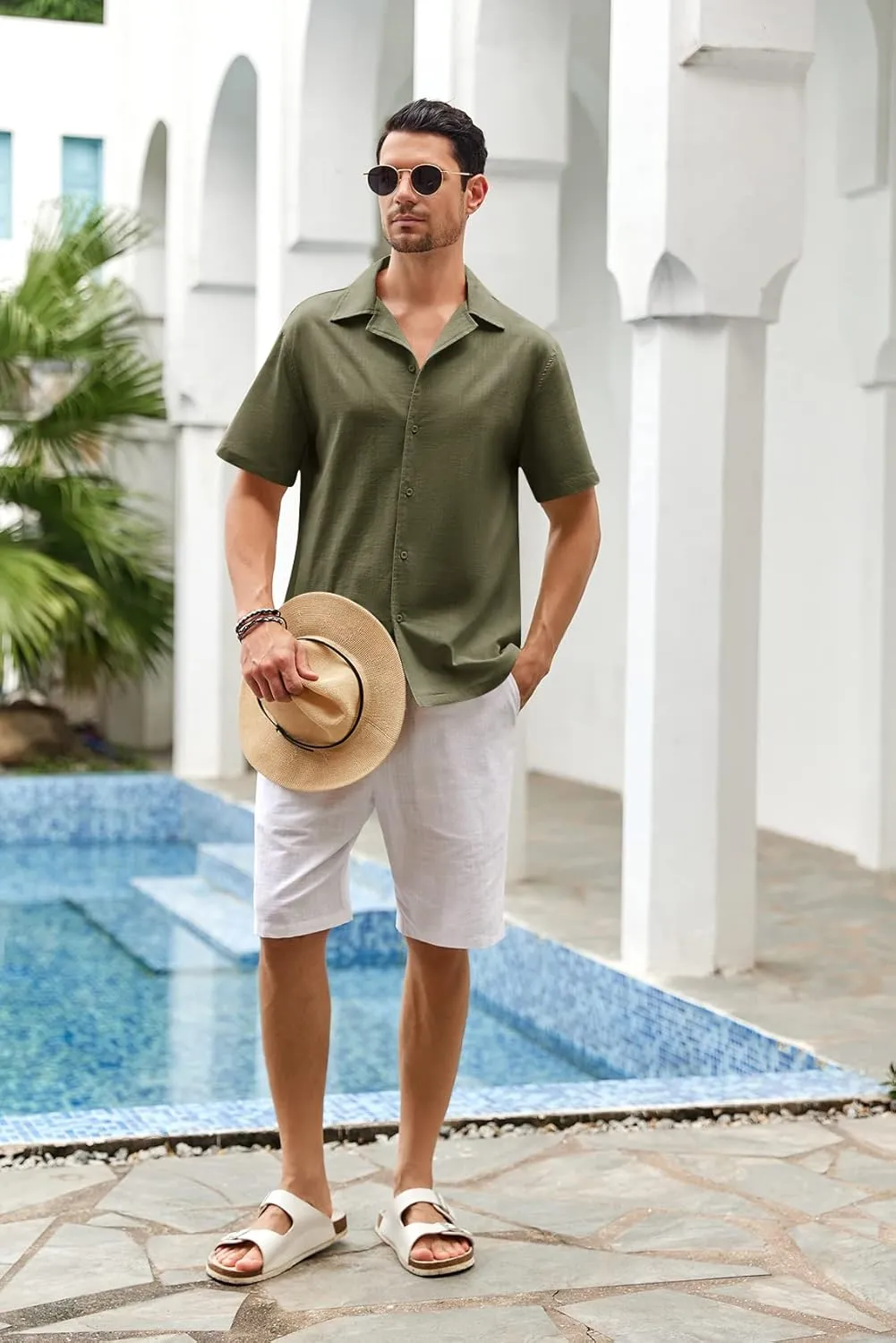 Mens Linen Button Down Shirts Short Sleeve Basic Cuban Regular Fit Wedding Summer Beach Tops