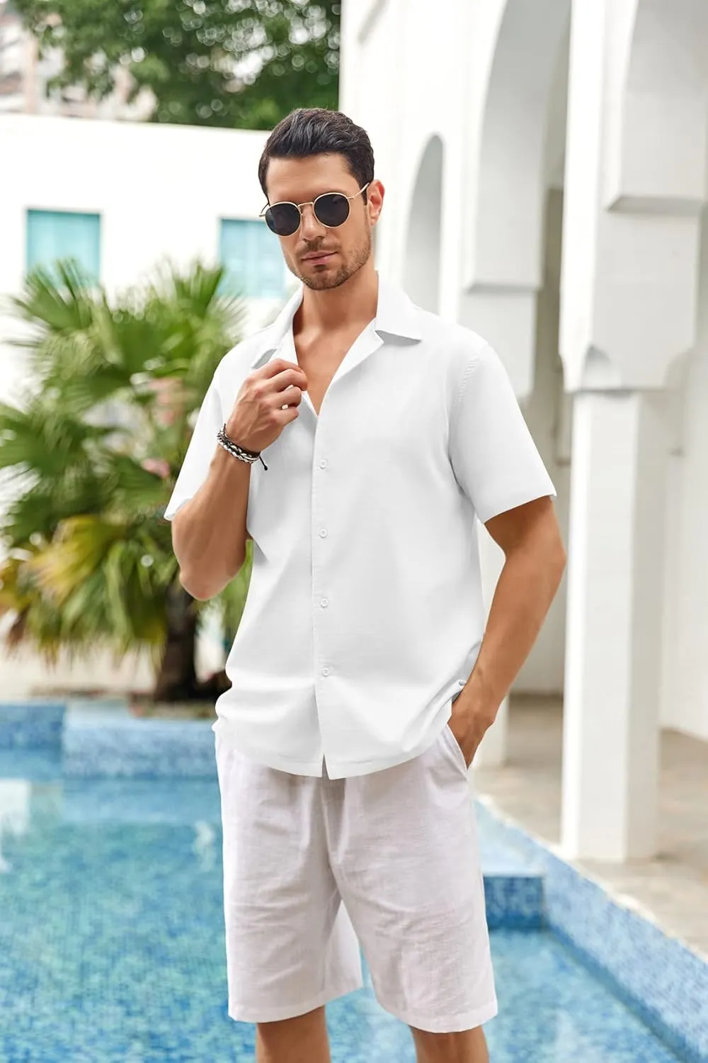 Mens Linen Button Down Shirts Short Sleeve Basic Cuban Regular Fit Wedding Summer Beach Tops