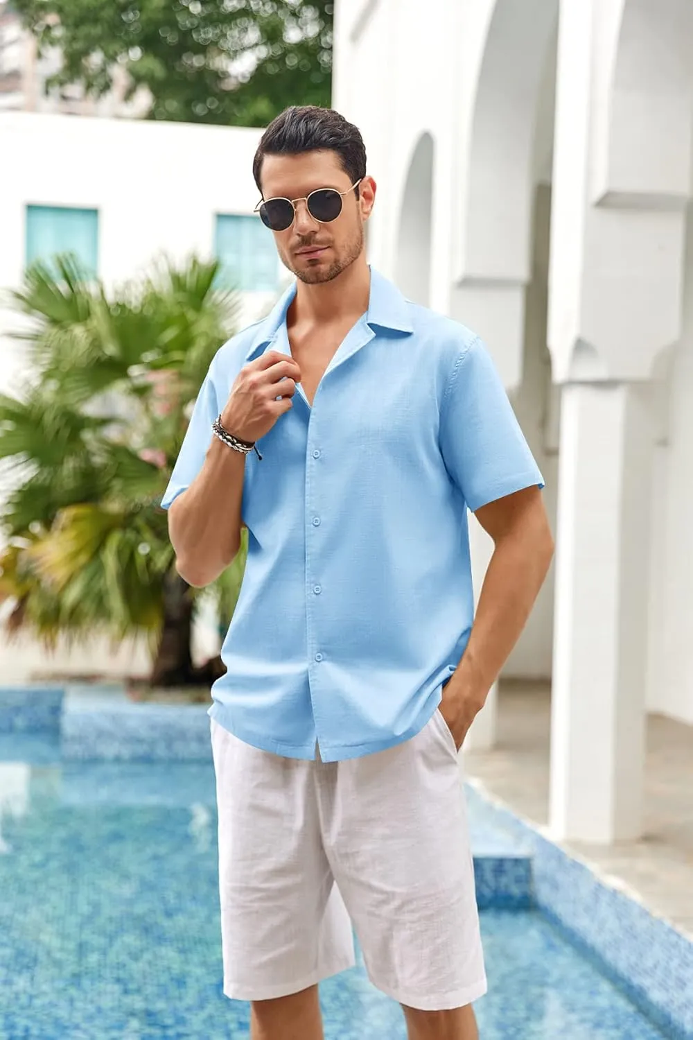 Mens Linen Button Down Shirts Short Sleeve Basic Cuban Regular Fit Wedding Summer Beach Tops