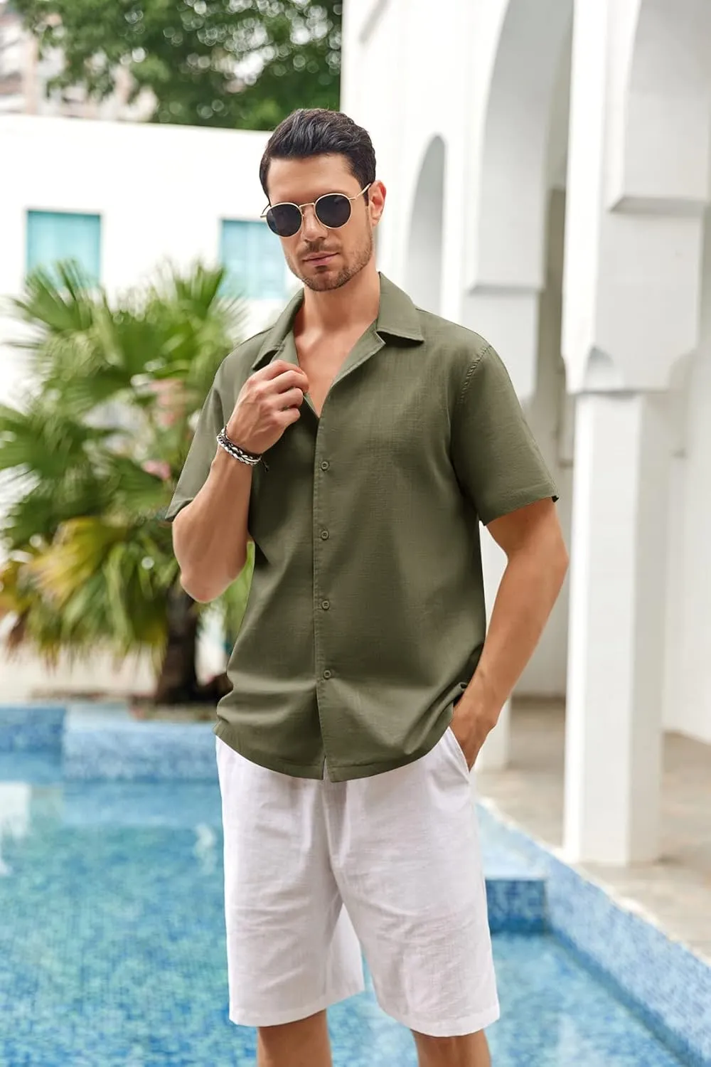 Mens Linen Button Down Shirts Short Sleeve Basic Cuban Regular Fit Wedding Summer Beach Tops