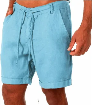 Men's Linen Casual Classic Short Elastic Waist Summer Beach Lightweight Board Slim-Fit with Pockets