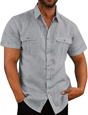 Mens Linen Cotton Shirts Button Down Short Sleeve Summer Clothes Trendy Outfits Casual Beach Dress Shirt Business