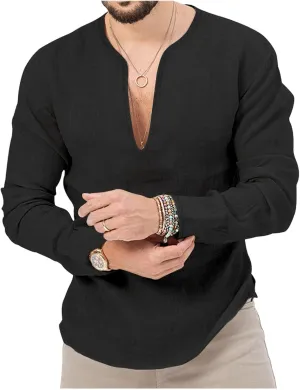 Mens Linen Henley Shirts Long Sleeve Deep V Neck T-Shirts Slim Fit Casual Solid Tees Classic Hippie Comfy Soft Tops