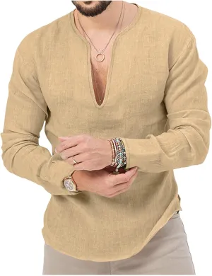 Mens Linen Henley Shirts Long Sleeve Deep V Neck T-Shirts Slim Fit Casual Solid Tees Classic Hippie Comfy Soft Tops