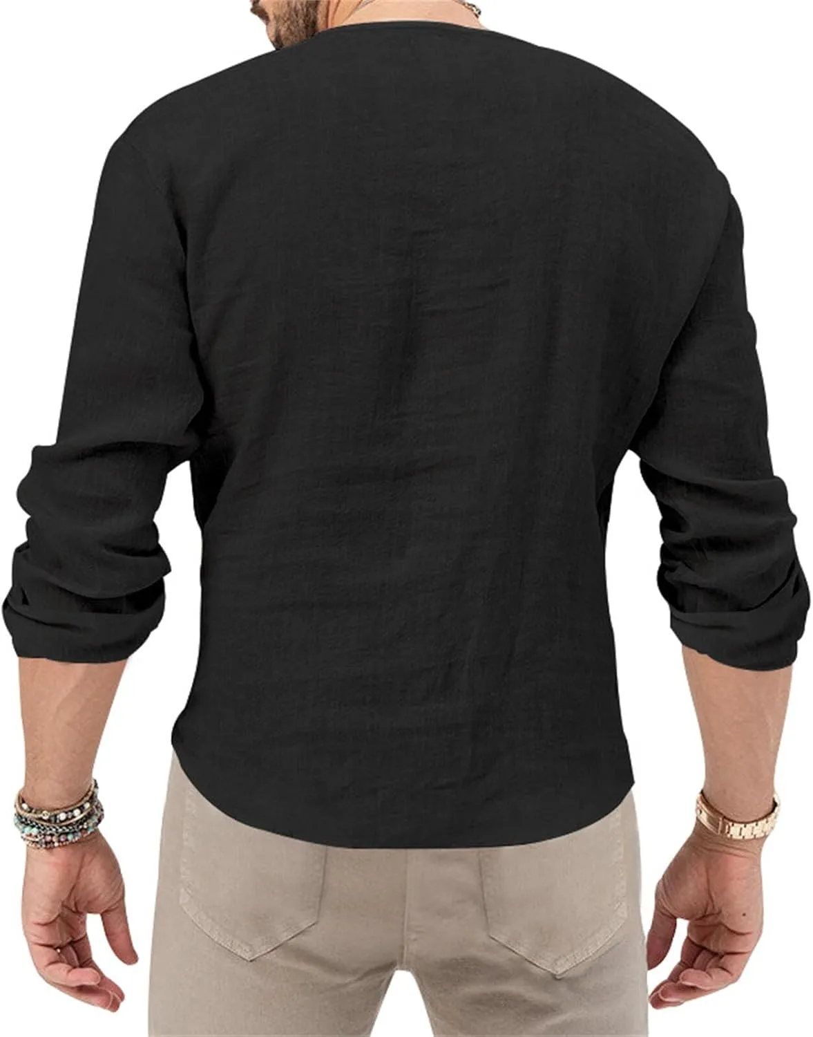 Mens Linen Henley Shirts Long Sleeve Deep V Neck T-Shirts Slim Fit Casual Solid Tees Classic Hippie Comfy Soft Tops