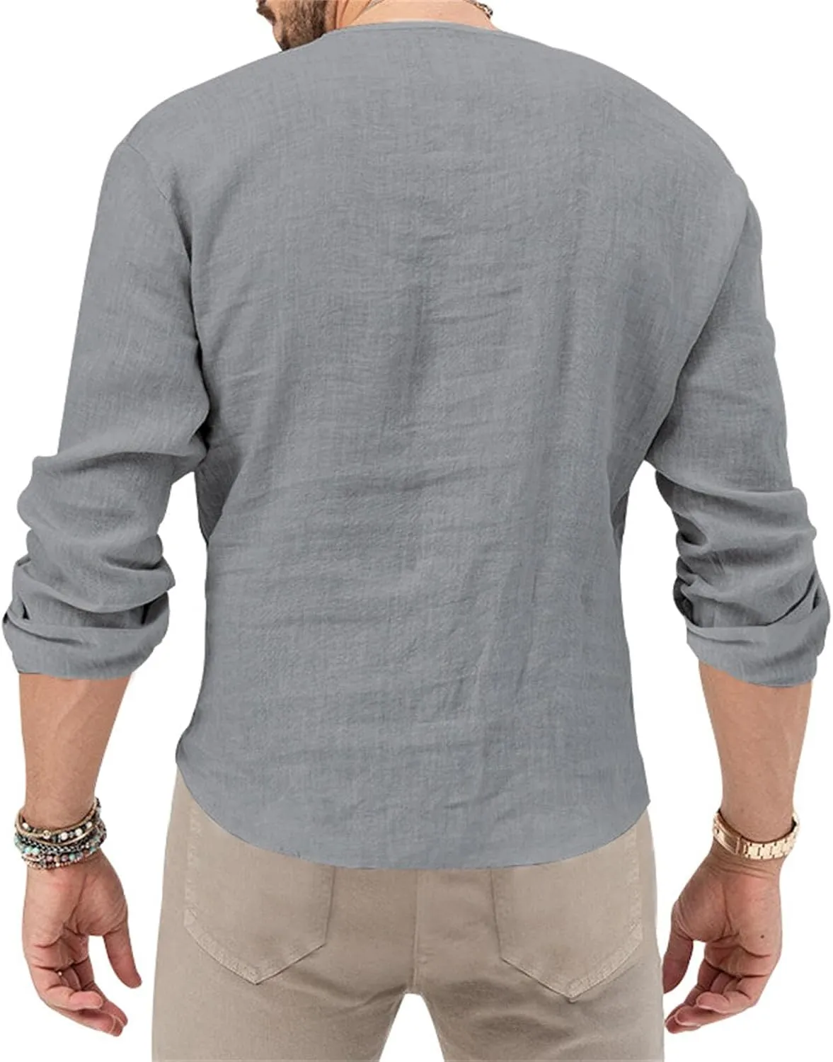 Mens Linen Henley Shirts Long Sleeve Deep V Neck T-Shirts Slim Fit Casual Solid Tees Classic Hippie Comfy Soft Tops