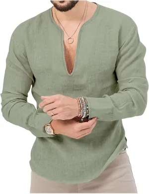 Mens Linen Henley Shirts Long Sleeve Deep V Neck T-Shirts Slim Fit Casual Solid Tees Classic Hippie Comfy Soft Tops