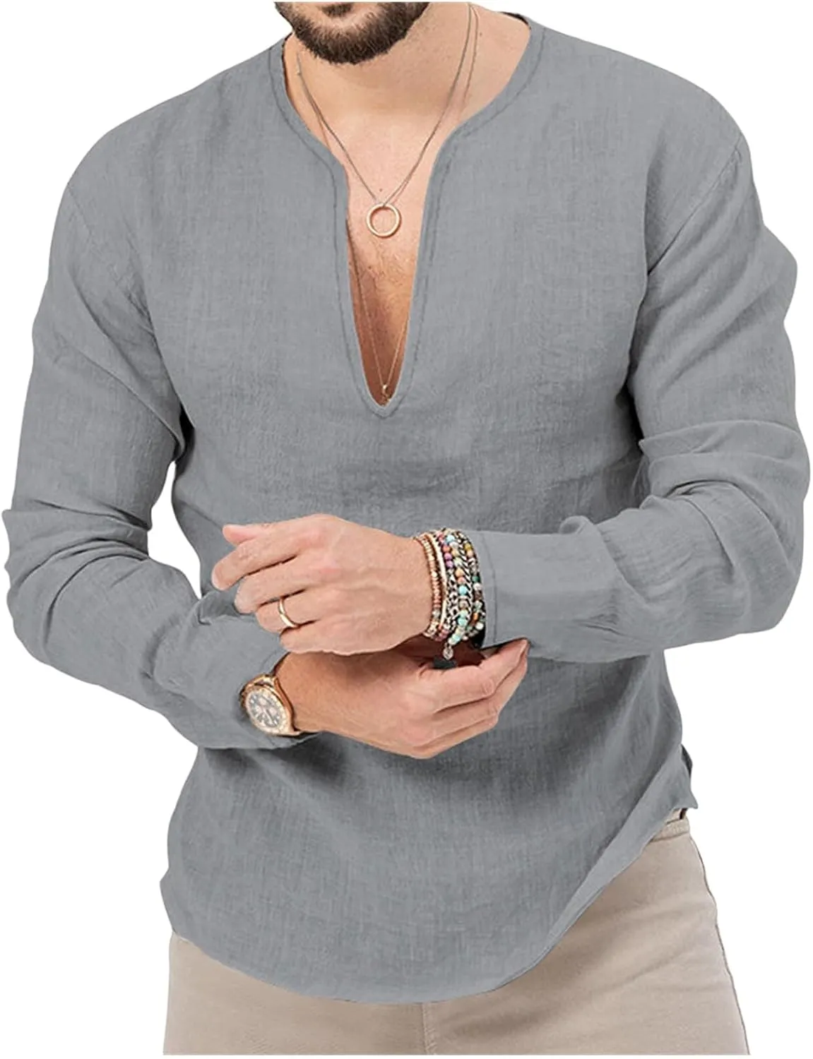 Mens Linen Henley Shirts Long Sleeve Deep V Neck T-Shirts Slim Fit Casual Solid Tees Classic Hippie Comfy Soft Tops