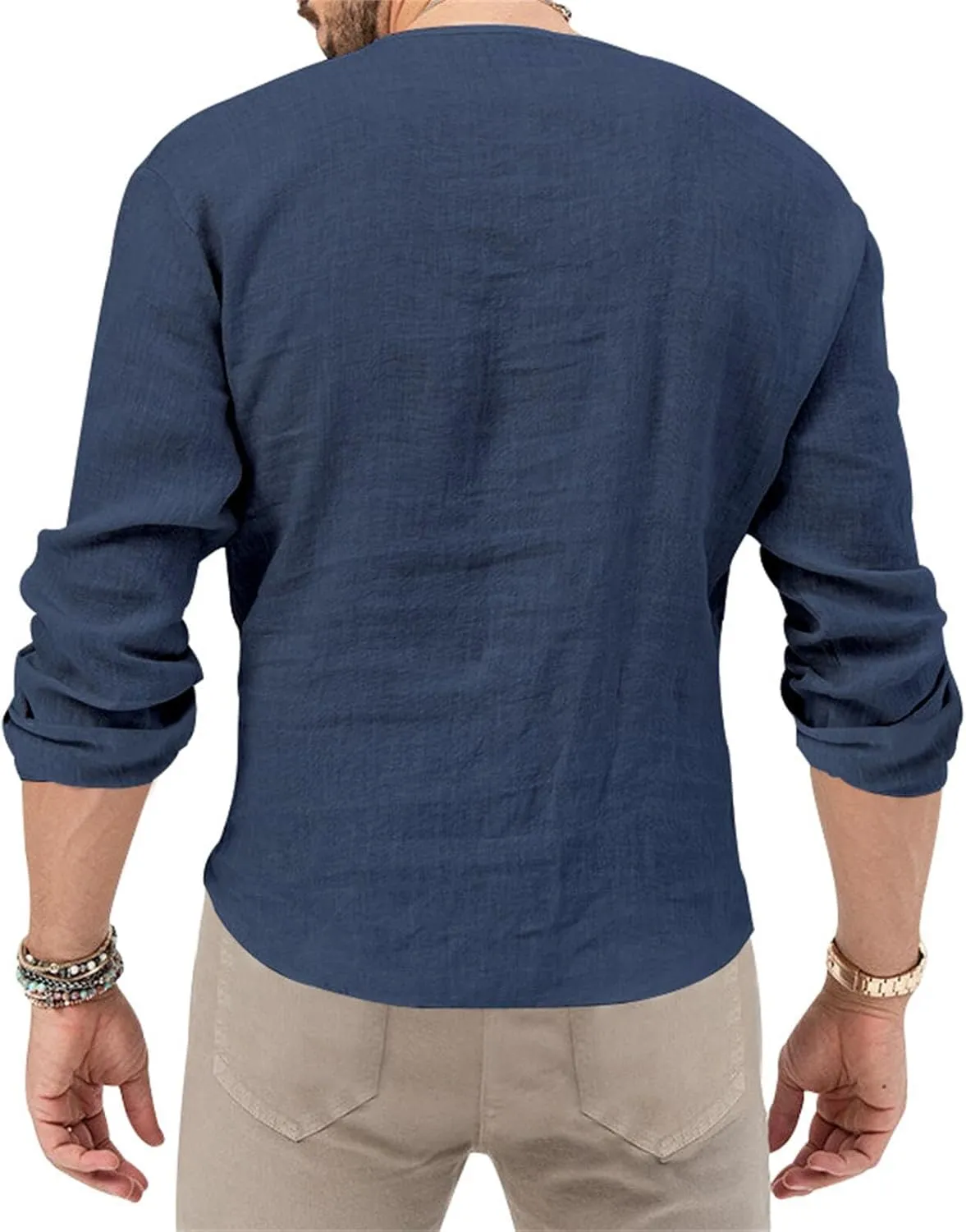 Mens Linen Henley Shirts Long Sleeve Deep V Neck T-Shirts Slim Fit Casual Solid Tees Classic Hippie Comfy Soft Tops