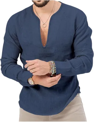 Mens Linen Henley Shirts Long Sleeve Deep V Neck T-Shirts Slim Fit Casual Solid Tees Classic Hippie Comfy Soft Tops