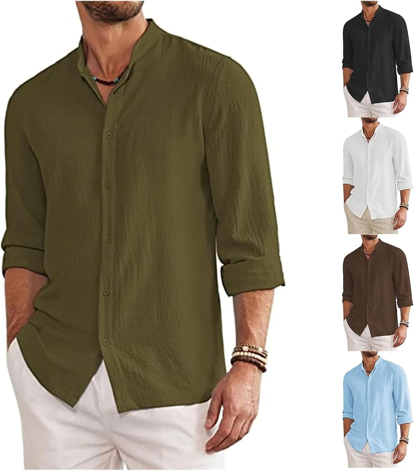 Men's Linen Long Sleeve Shirts Casual Long Sleeve Trendy Button Down Banded Collar Shirt Beach 2025 Summer Yoga Tops