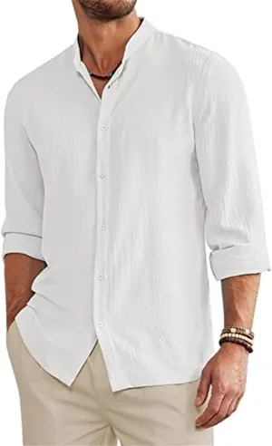Men's Linen Long Sleeve Shirts Casual Long Sleeve Trendy Button Down Banded Collar Shirt Beach 2025 Summer Yoga Tops