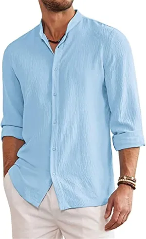 Men's Linen Long Sleeve Shirts Casual Long Sleeve Trendy Button Down Banded Collar Shirt Beach 2025 Summer Yoga Tops