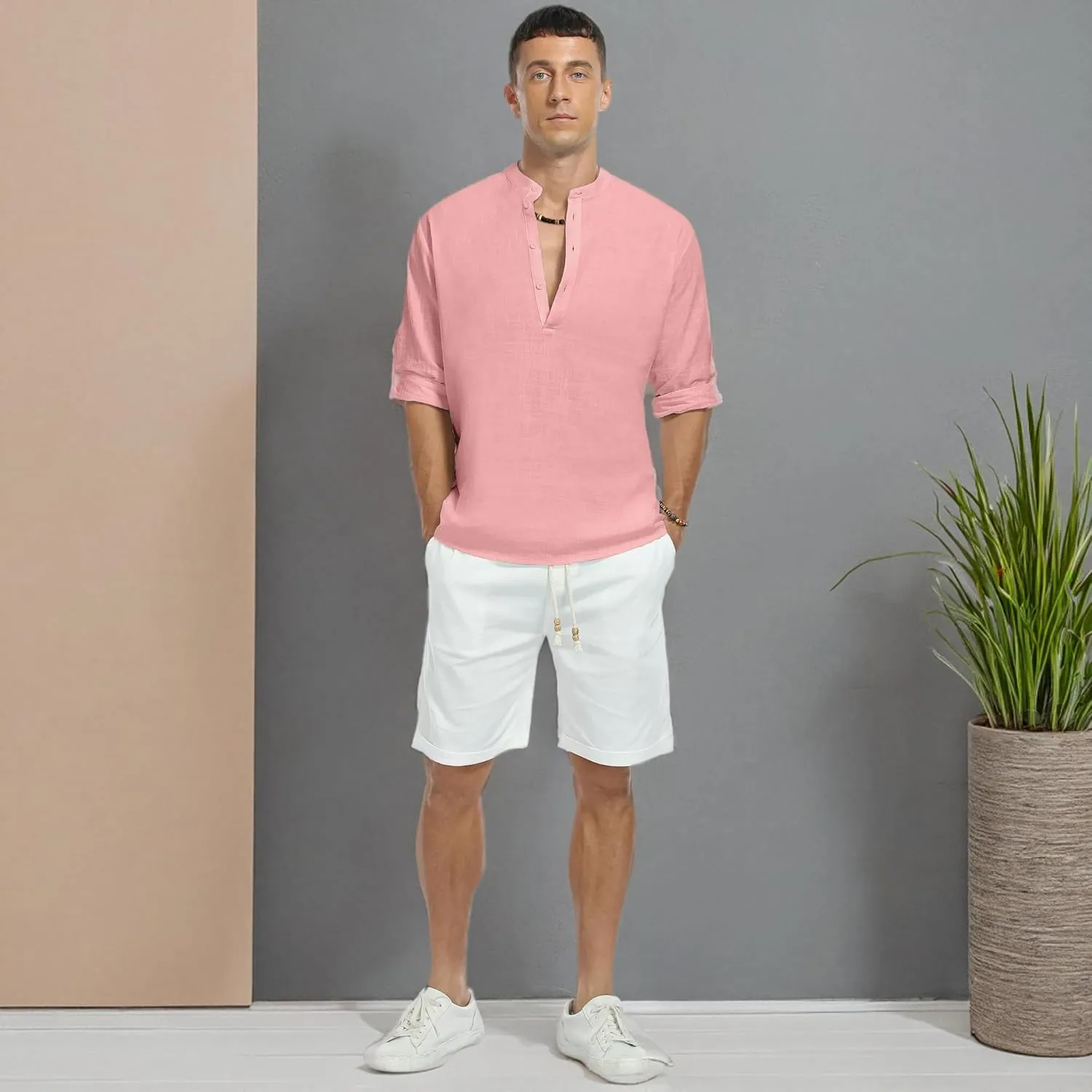 Men's Linen Shirts Long Sleeve Button Down Henley Shirts Casual Solid Band Collar Beach Shirt