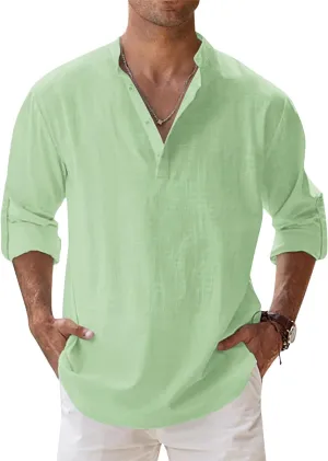 Men's Linen Shirts Long Sleeve Button Down Henley Shirts Casual Solid Band Collar Beach Shirt