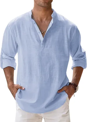 Men's Linen Shirts Long Sleeve Button Down Henley Shirts Casual Solid Band Collar Beach Shirt