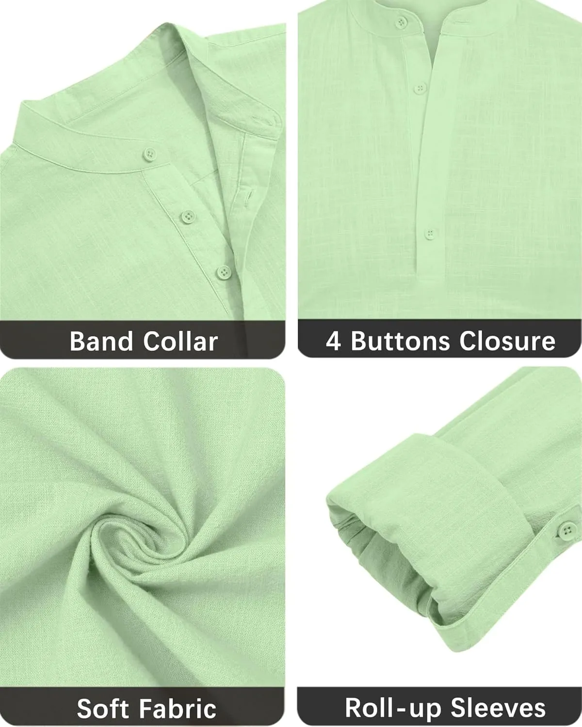 Men's Linen Shirts Long Sleeve Button Down Henley Shirts Casual Solid Band Collar Beach Shirt