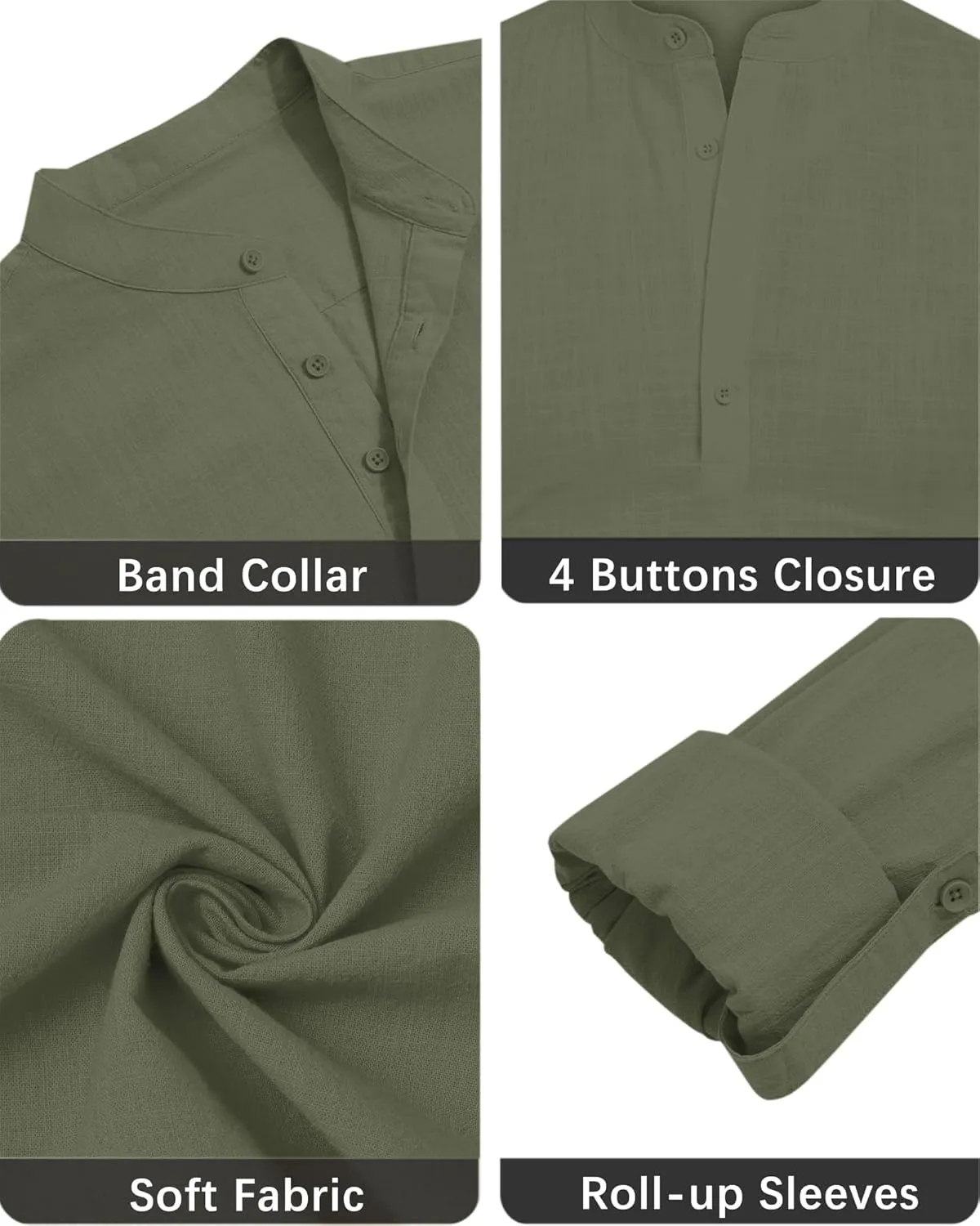 Men's Linen Shirts Long Sleeve Button Down Henley Shirts Casual Solid Band Collar Beach Shirt