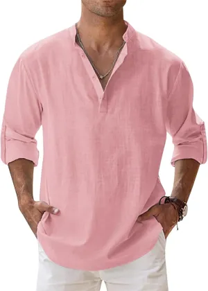 Men's Linen Shirts Long Sleeve Button Down Henley Shirts Casual Solid Band Collar Beach Shirt