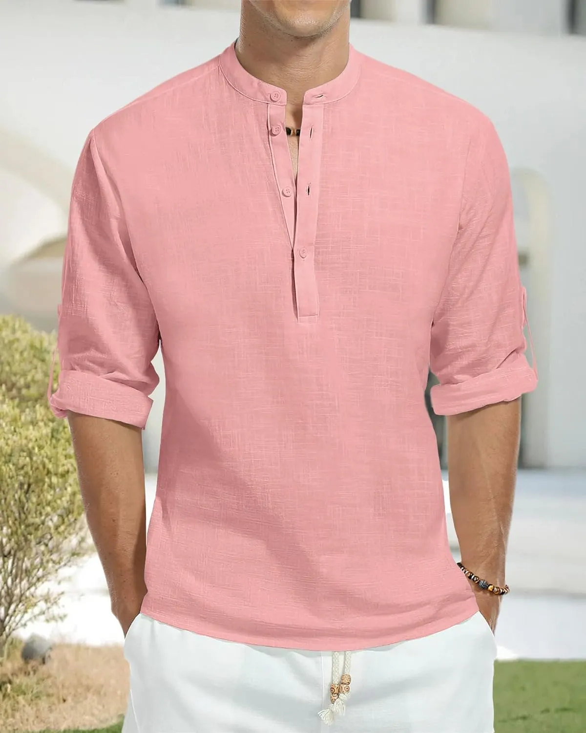 Men's Linen Shirts Long Sleeve Button Down Henley Shirts Casual Solid Band Collar Beach Shirt
