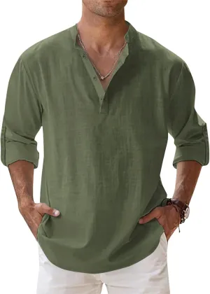 Men's Linen Shirts Long Sleeve Button Down Henley Shirts Casual Solid Band Collar Beach Shirt