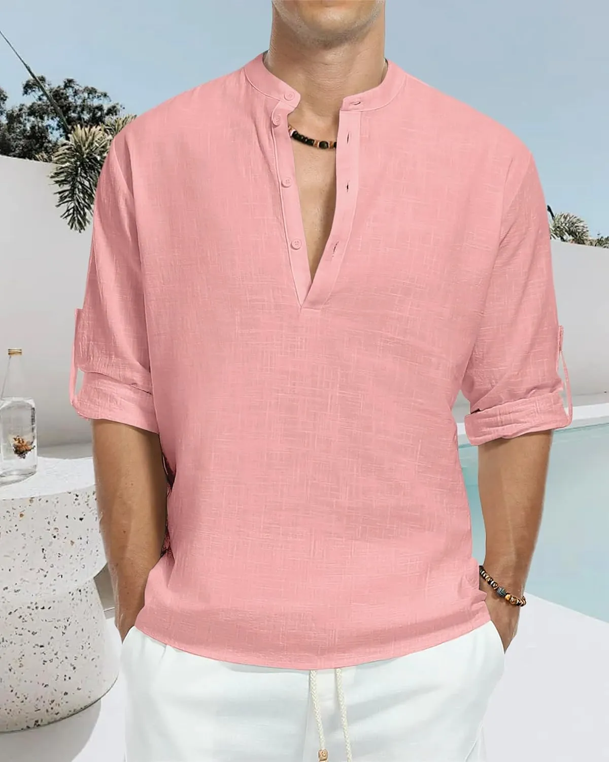 Men's Linen Shirts Long Sleeve Button Down Henley Shirts Casual Solid Band Collar Beach Shirt