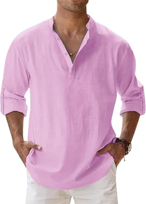 Men's Linen Shirts Long Sleeve Button Down Henley Shirts Casual Solid Band Collar Beach Shirt