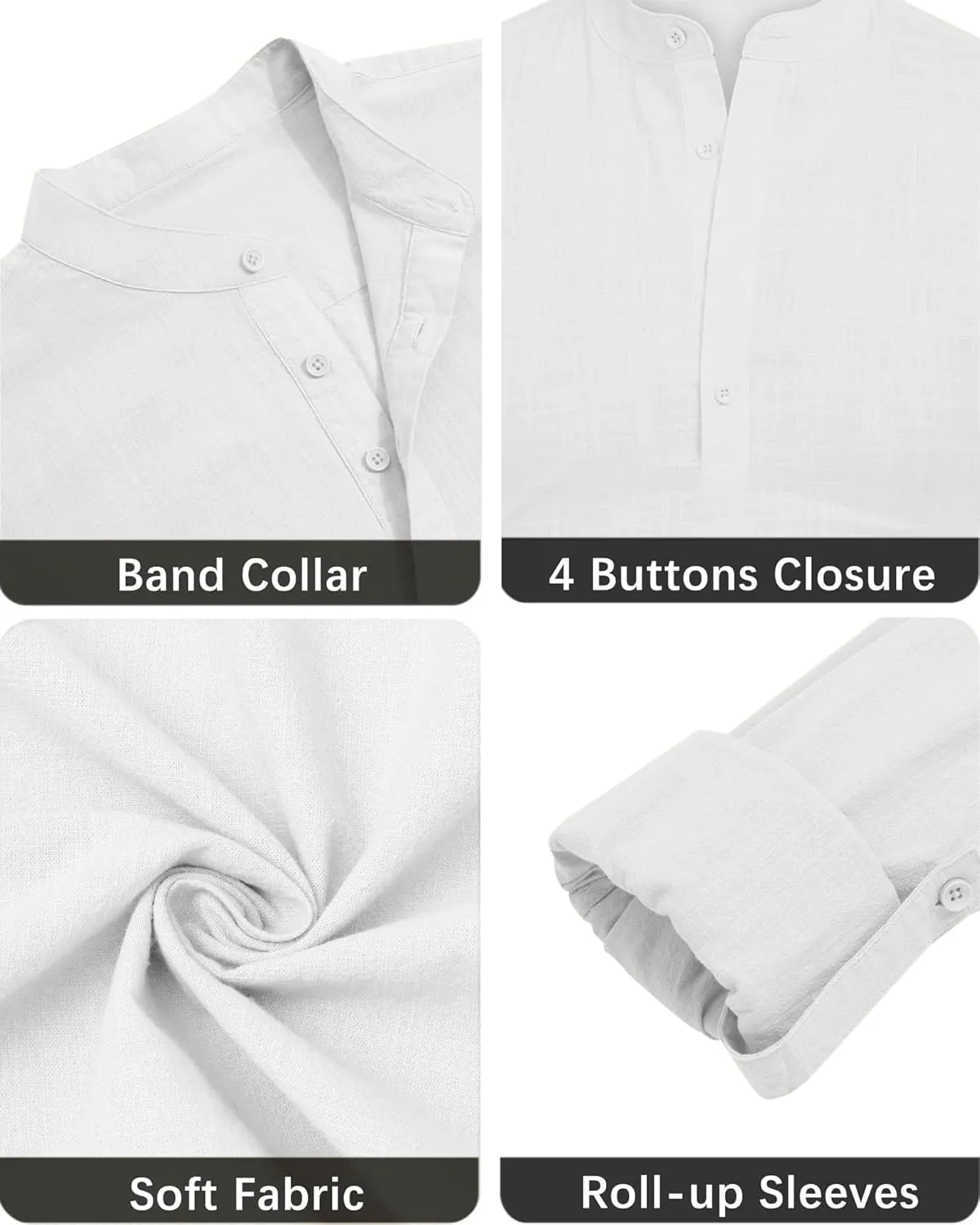 Men's Linen Shirts Long Sleeve Button Down Henley Shirts Casual Solid Band Collar Beach Shirt